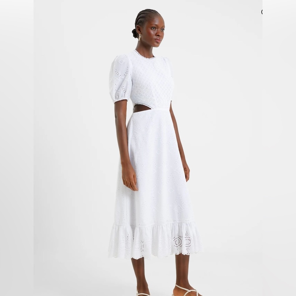 French Connection NWT Women’s Esse Broderie Cut Out Midi White Dress. Size 8/M